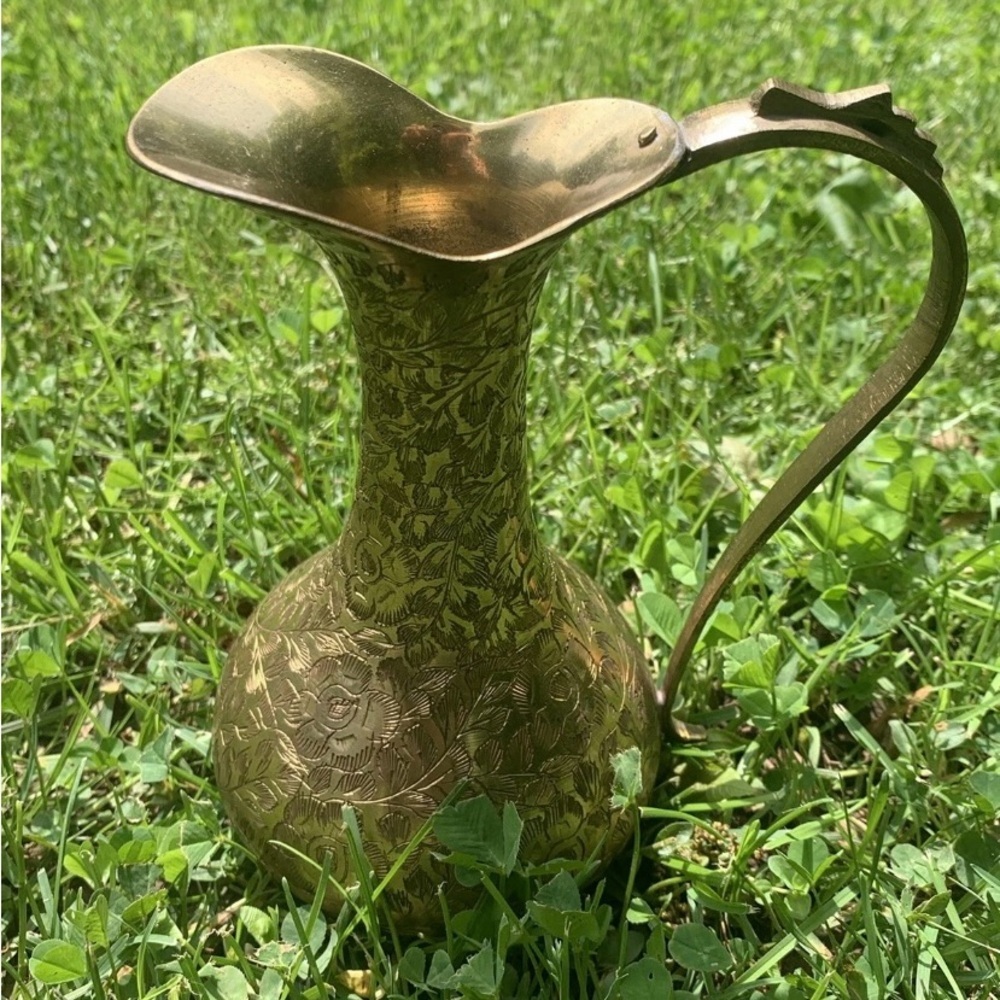 Vintage Etched India Brass 7” Pitcher - Picture 6 of 11
